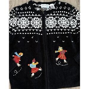 VTG Alfred Dunner Cardigan Sweater Ice Skaters Winter Christmas Fair Isle M Pet​